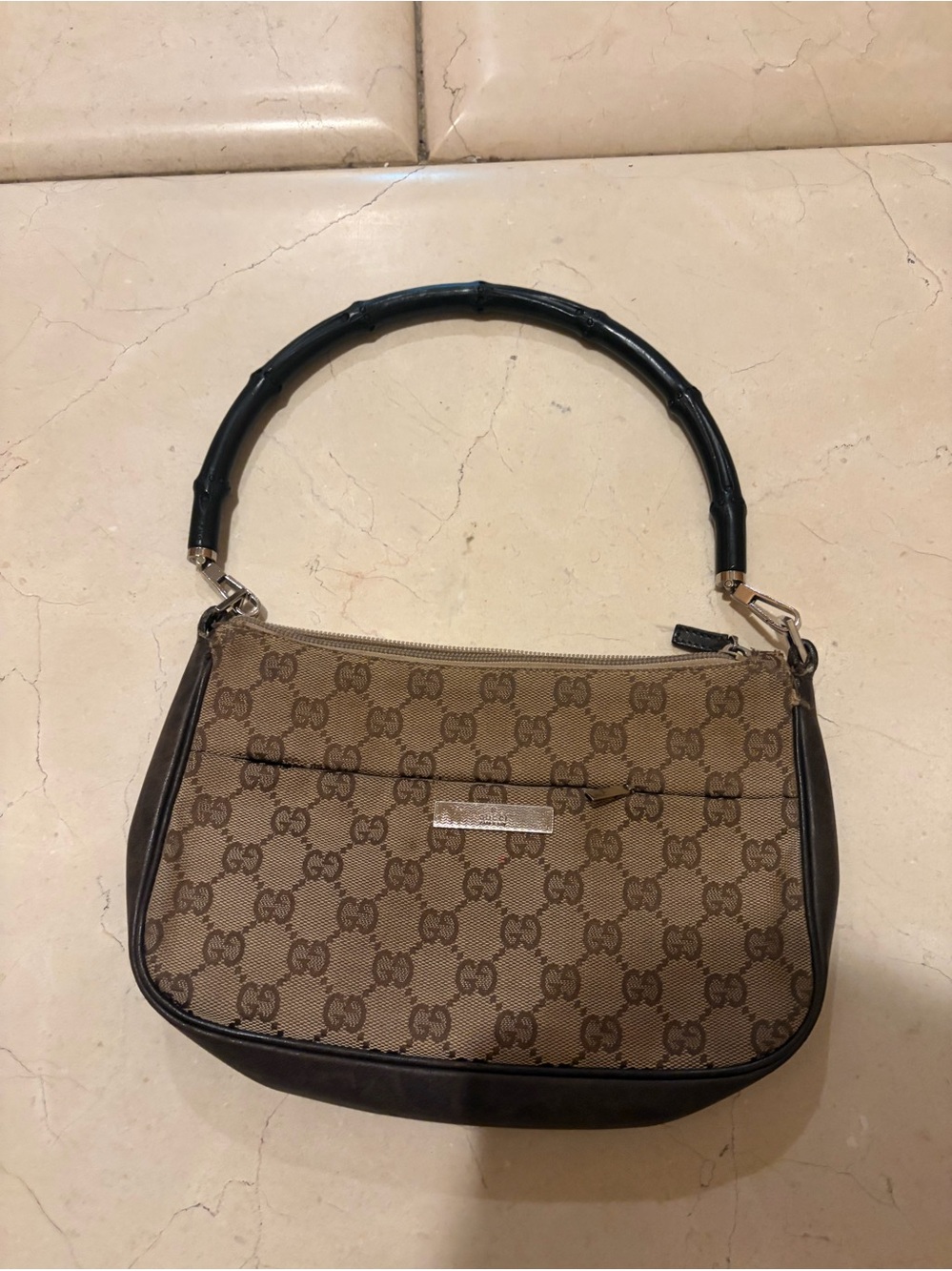 Gucci Beige Brown Monogram Shoulder Bag with Black Bamboo Handle